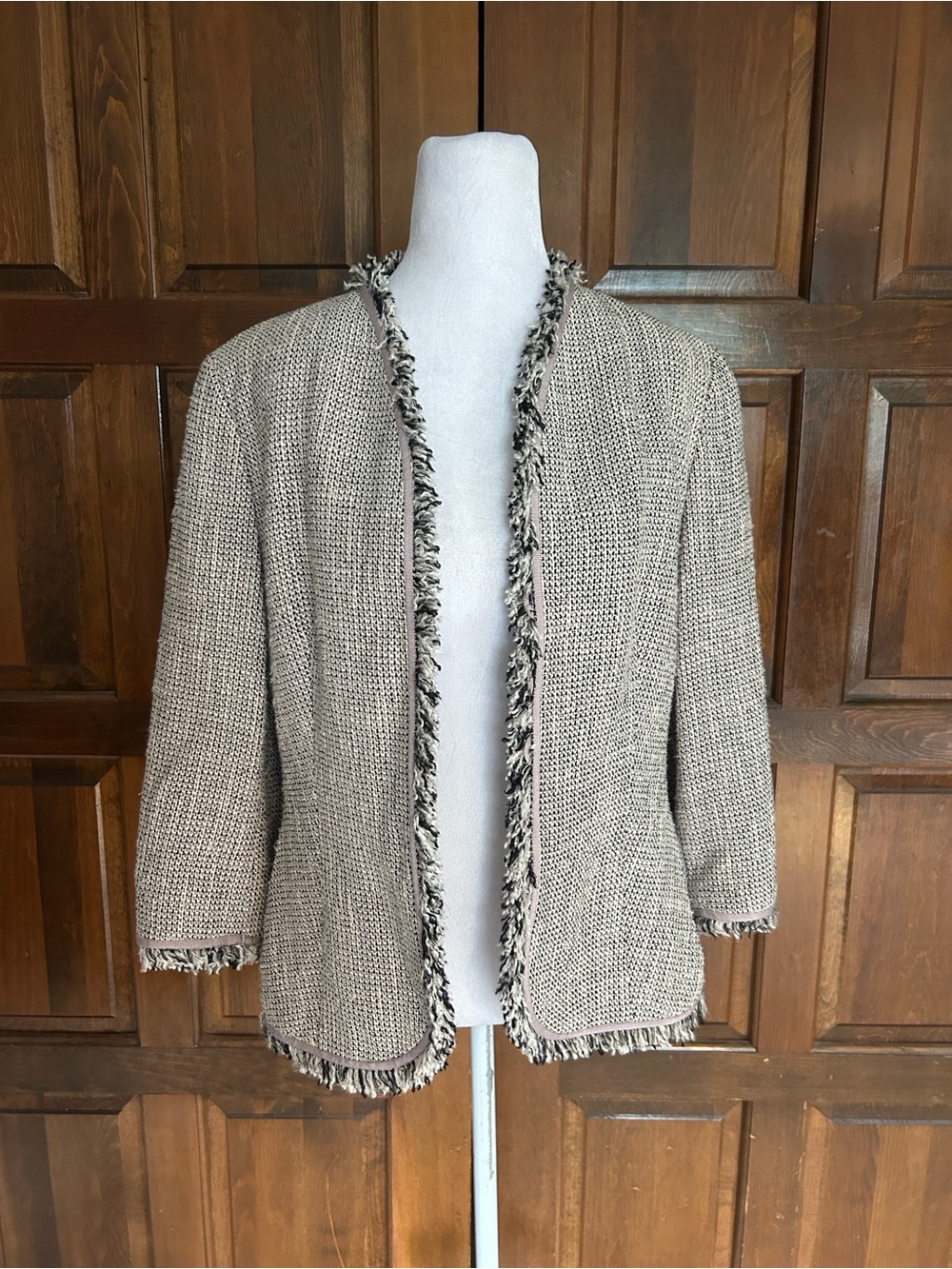 Rena Lange Open Front Fringe Tweed Jacket Women's US 12 Luxury Soft Blazer Lined - Picture 2 of 9